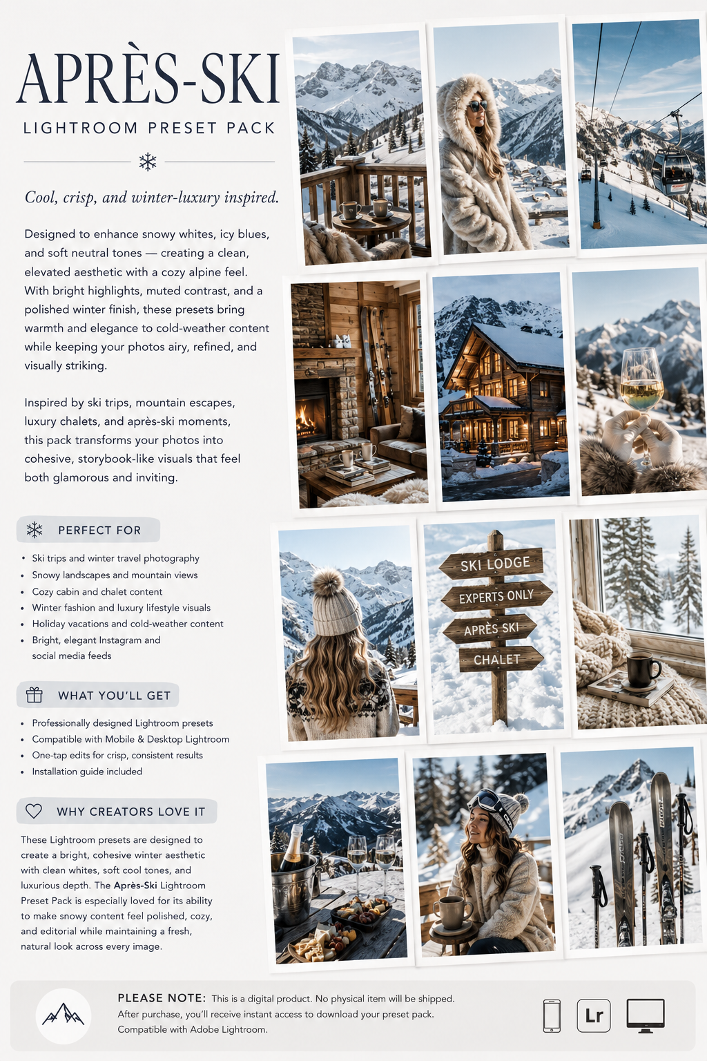 apres Ski Lightroom Preset Pack Travel Photography Sorority Rush Edits Filters Instagram Tiktok Social Media Luxury