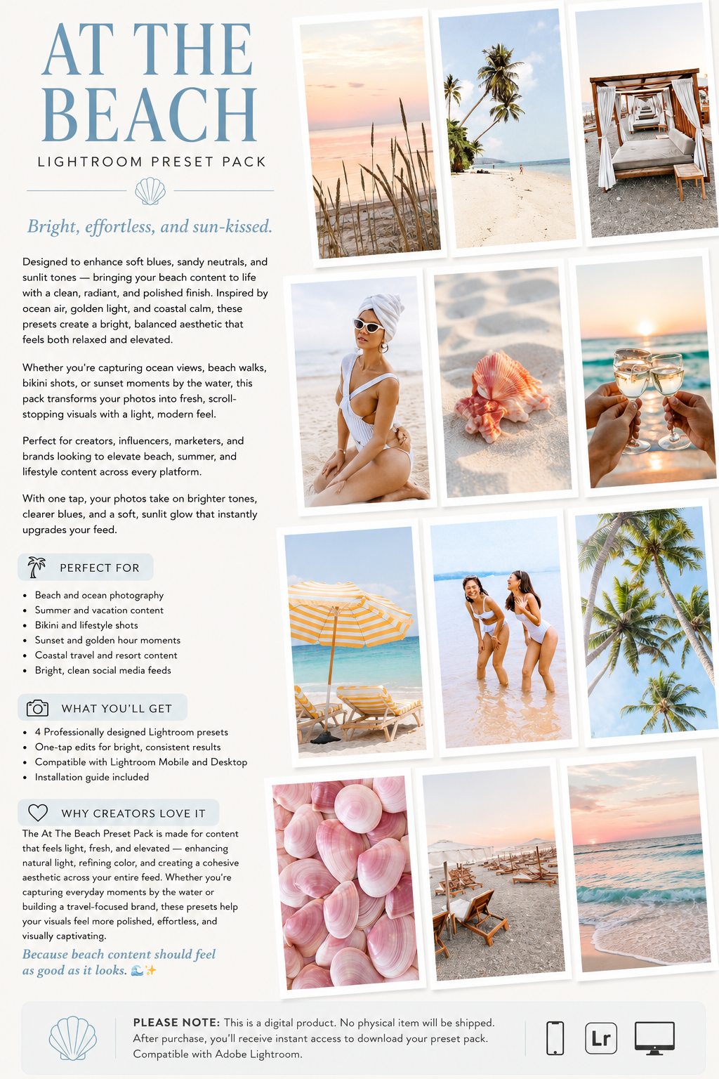At the beach Lightroom Preset Pack Travel Photography Sorority Rush Edits Filters Instagram Tiktok Social Media Luxury miami california tampa florida Caribbean tropical vacation cruise sunset coconut pale pastel beach club