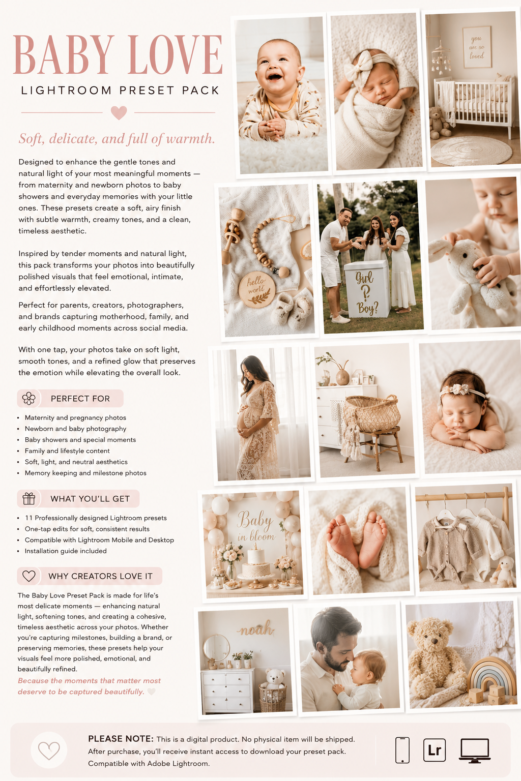 Baby photo collection with text overlay for a Lightroom preset pack for moms and familys posting on social media instagram ticktok