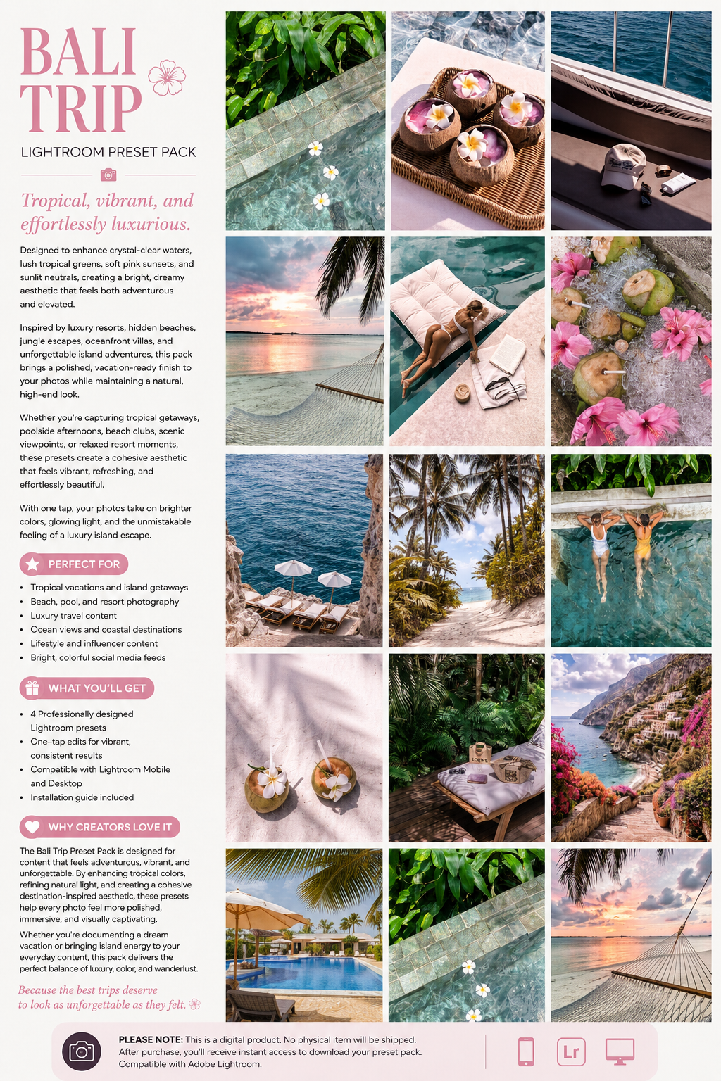 Bali Trip Lightroom Preset Pack Photography Sorority Rush Edits Filters Instagram Tiktok Social Media Luxury Travel Adventure Tropical Beach Vacation Photography Editing Good for Bali Haaii Dominican Republic Cuba Puerto Rico Aruba Turks and Caicos St. Lucia 