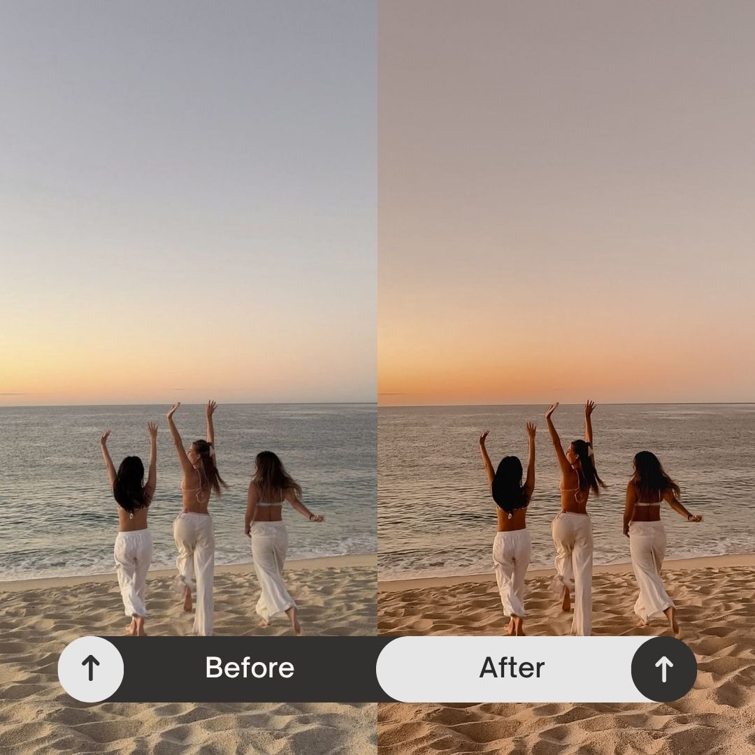 Inspired by golden hour light, beach days, and sun-soaked moments, this pack transforms your photos into glowing, cohesive visuals that feel both relaxed and refined.

Perfect For

• Golden hour and sunset photography
• Beach and vacation content
• Bronzed, sunlit tones
• Lifestyle and influencer content
• Summer and tropical aesthetics
• Warm, cohesive social media feeds