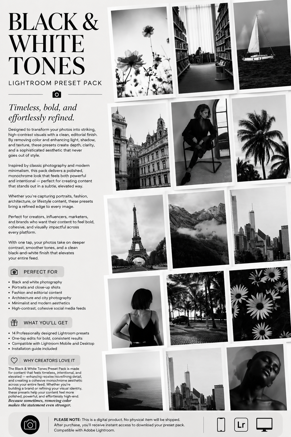 Lightroom preset pack with black and white images and promotional text. Black and white Photography Sorority Rush Edits Filters Instagram Tiktok Social Media Luxury dramatic aesthetic