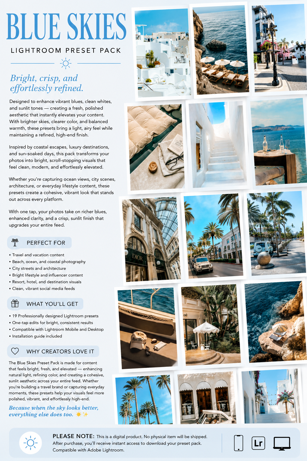 Collage of travel photos with 'Blue Skies' text overlay Lightroom Preset Pack Photography Sorority Rush Edits Filters Instagram Tiktok Social Media Luxury aesthetic high quality resolution 4K content vacation