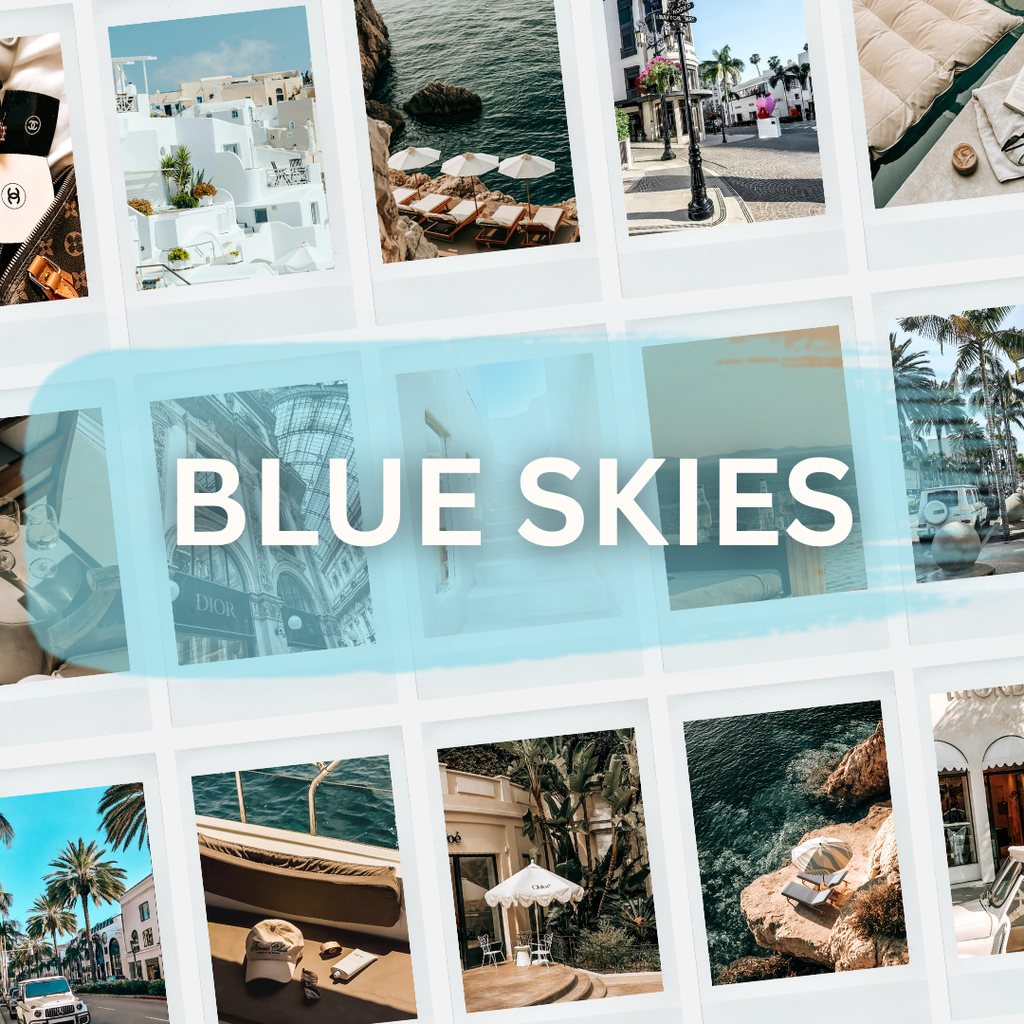 Collage of travel photos with 'Blue Skies' text overlay Lightroom Preset Pack Photography Sorority Rush Edits Filters Instagram Tiktok Social Media Luxury aesthetic high quality resolution 4K content vacation