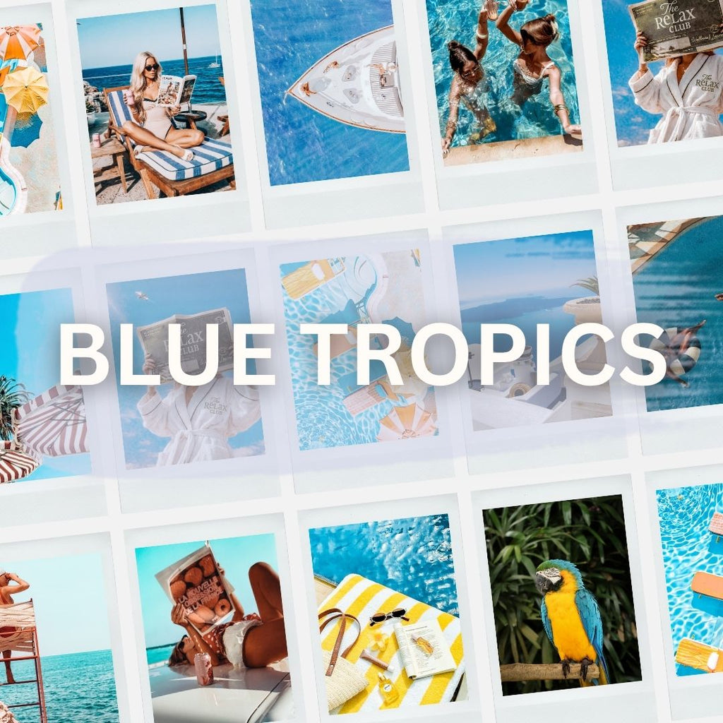 Blue Tropics Lightroom Preset Pack Photography Sorority Rush Edits Filters Instagram Tiktok Social Media Luxury aesthetic high quality resolution 4K content vacation ocean beach summer pool party fruit Caribbean cruise island 