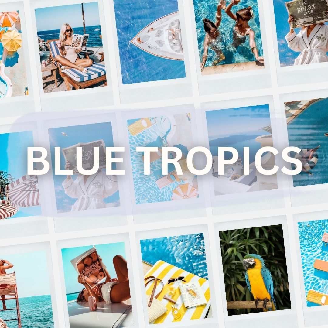 Blue Tropics Lightroom Preset Pack Photography Sorority Rush Edits Filters Instagram Tiktok Social Media Luxury aesthetic high quality resolution 4K content vacation ocean beach summer pool party fruit Caribbean cruise island 