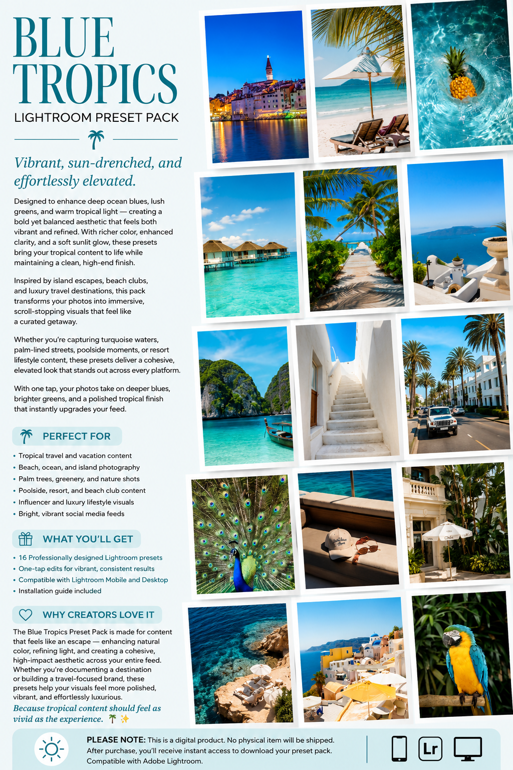 Blue Tropics Lightroom Preset Pack Photography Sorority Rush Edits Filters Instagram Tiktok Social Media Luxury aesthetic high quality resolution 4K content vacation ocean beach summer pool party fruit Caribbean cruise island 