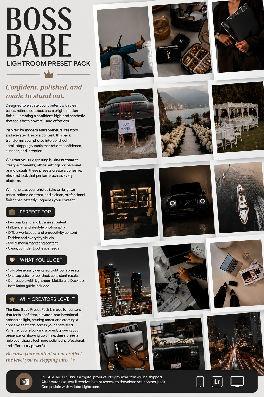 Lightroom Preset Pack Photography Sorority Rush Edits Filters Instagram Tiktok Social Media Luxury aesthetic high quality resolution 4K content