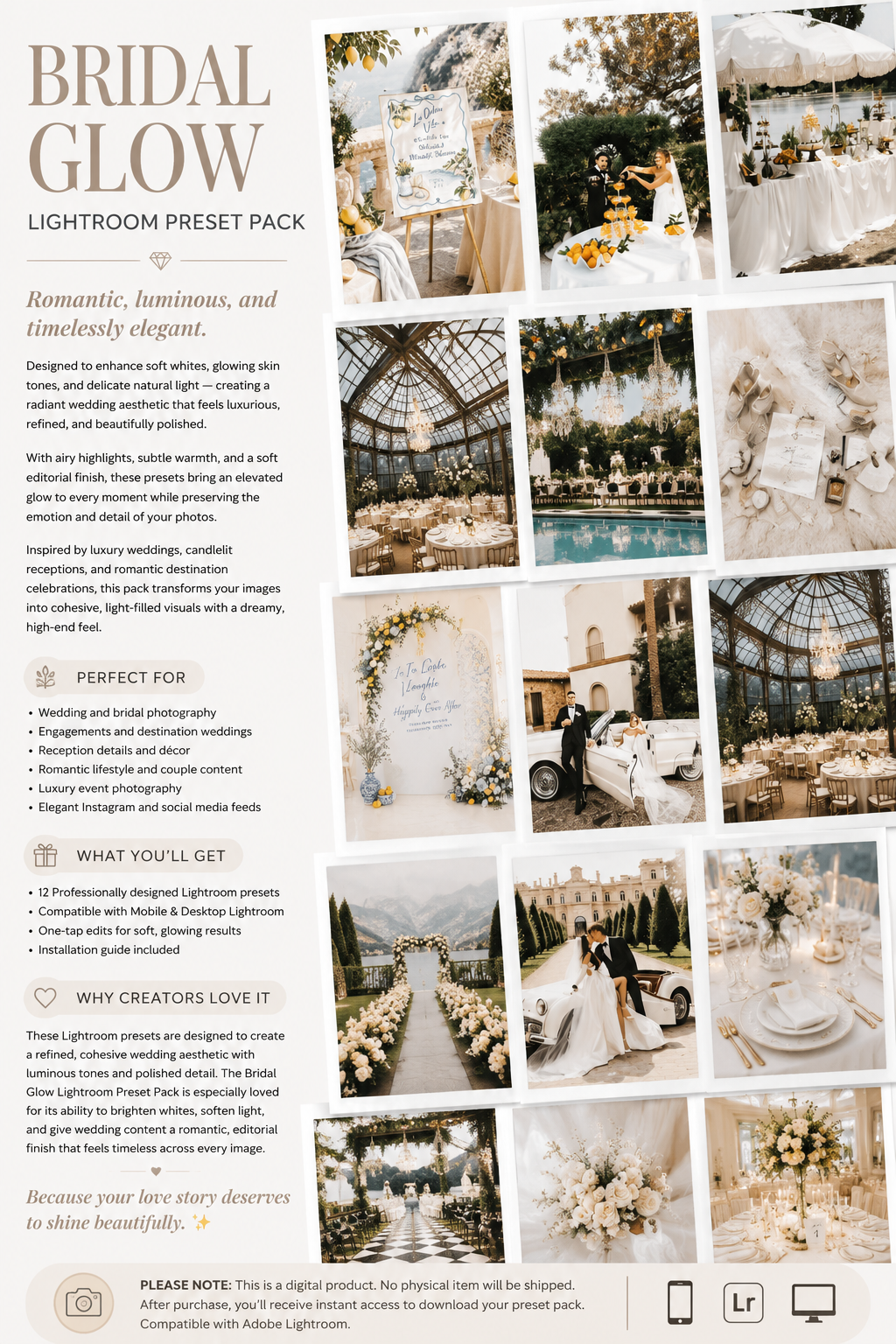 Bridal Glow Lightroom Preset Pack Lightroom Preset Pack Photography Sorority Rush Edits Filters Instagram Tiktok Social Media Luxury aesthetic high quality resolution 4K content Wedding Engagement Bride Groom Banquet Hall Photography Elegant Party Ceremony I do vows marriage love couples 