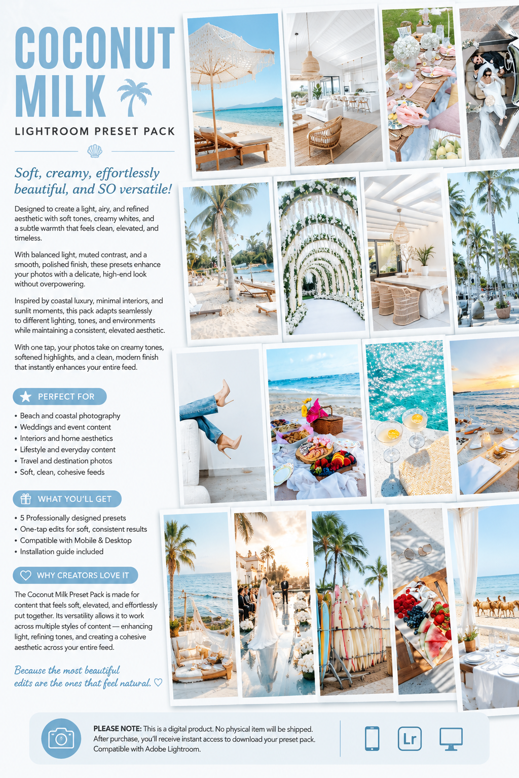 Lightroom Preset Pack Photography Sorority Rush Edits Filters Instagram Tiktok Social Media Luxury aesthetic high quality resolution 4K content foral beach designer bright airy aesthetic clean tropical vacation