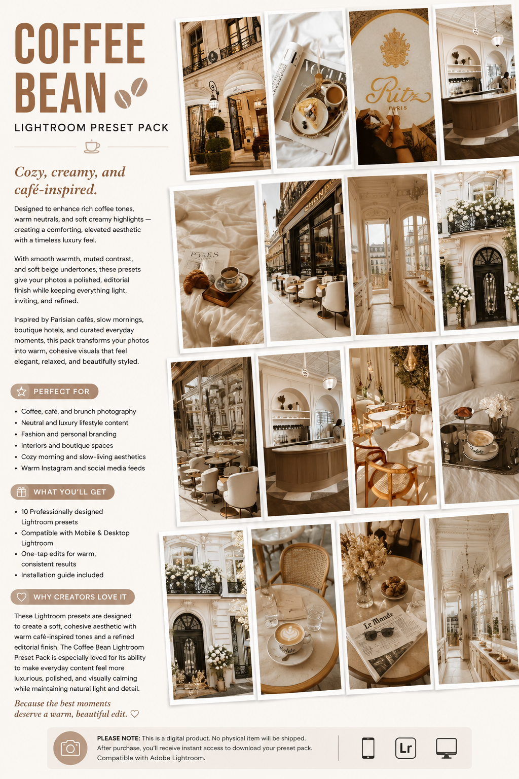 Lightroom Preset Pack Photography Sorority Rush Edits Filters Instagram Tiktok Social Media Luxury aesthetic high quality resolution 4K content coffee shop house golden cozy fall cream bakery lounge aesthetic