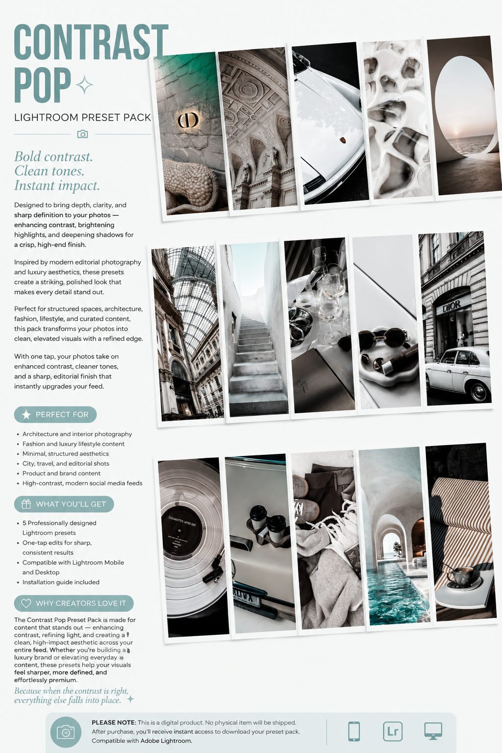 Lightroom Preset Pack Photography Sorority Rush Edits Filters Instagram Tiktok Social Media Luxury aesthetic high quality resolution 4K content Architecture interior Fashion luxury lifestyle City, travel, editorial shots