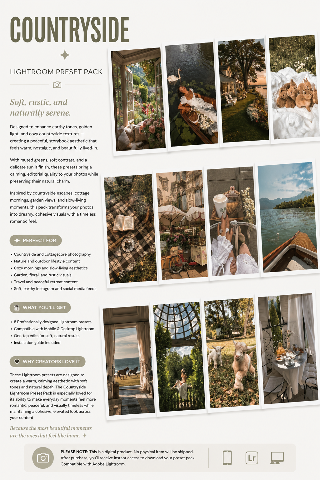 Lightroom Preset Pack Photography Sorority Rush Edits Filters Instagram Tiktok Social Media Luxury aesthetic high quality resolution 4K content countryside lake river pond horses country farm hamptons coquette 