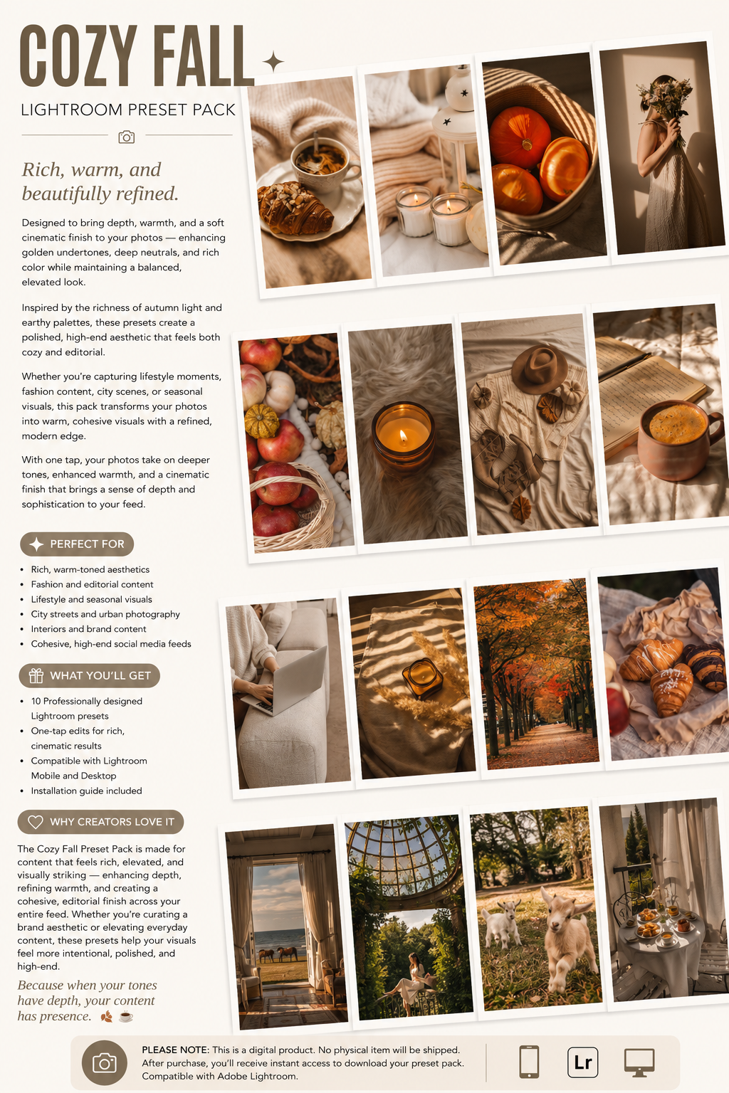 Lightroom Preset Pack Photography Sorority Rush Edits Filters Instagram Tiktok Social Media Luxury aesthetic high quality resolution 4K content Cozy Fall Pumpkin spice back to school 
