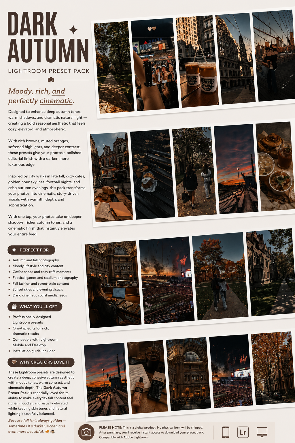 Lightroom Preset Pack Photography Sorority Rush Edits Filters Instagram Tiktok Social Media Luxury aesthetic high quality resolution 4K content autumn fall september august coffee pumpkin spice football friday night lights college ACC SCC Big12 baseball basketball cozy sweater weather campus university recruitment rush big little panhellenic greek
