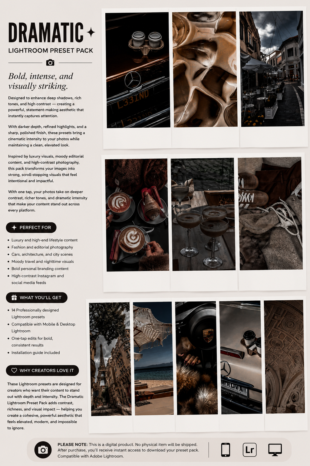 Lightroom Preset Pack Photography Sorority Rush Edits Filters Instagram Tiktok Social Media Luxury aesthetic high quality resolution 4K content campus university recruitment rush big little panhellenic greek dramatic drama fall dark mysterious edgy explore cool girl it girl
