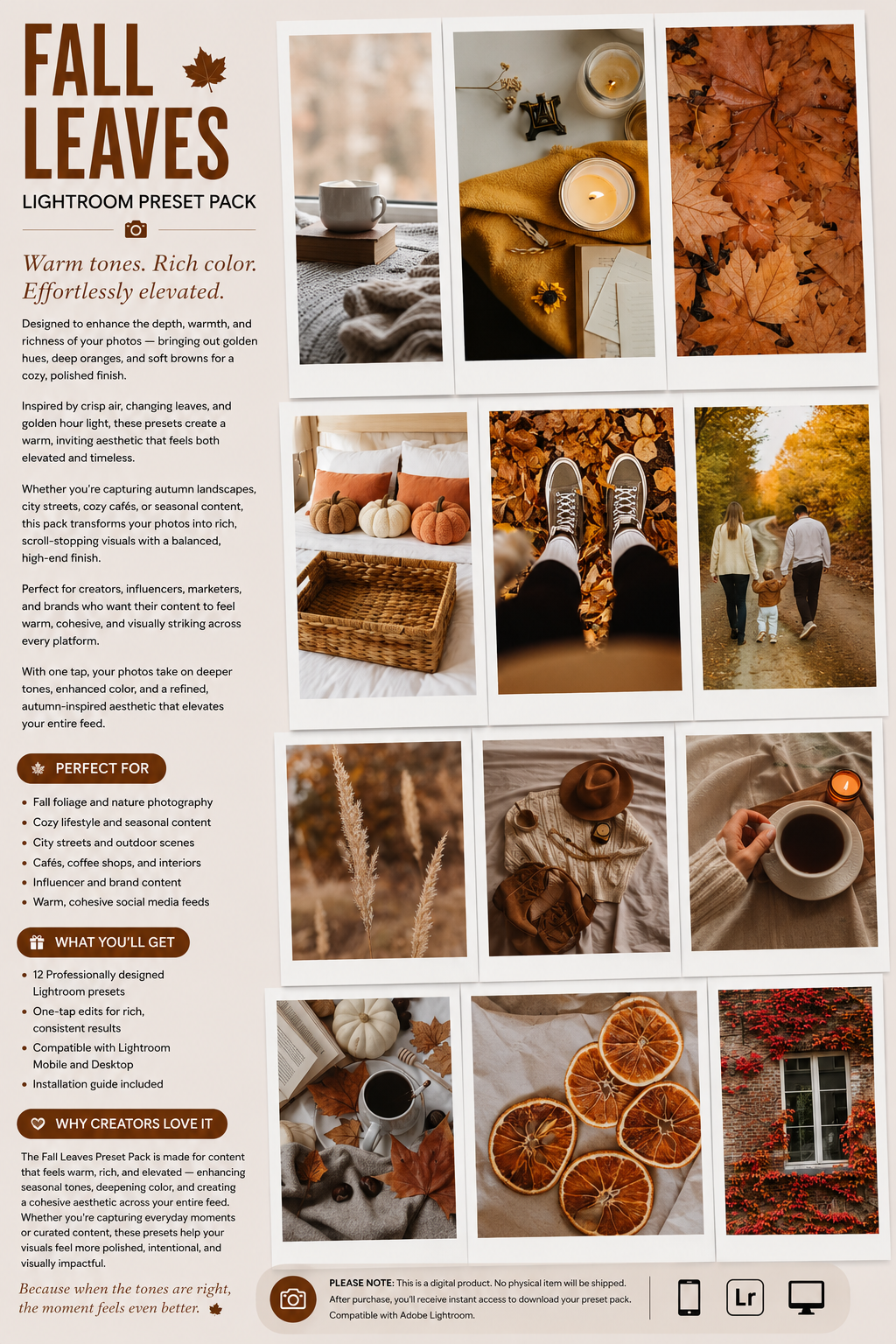 Lightroom Preset Pack Photography Sorority Rush Edits Filters Instagram Tiktok Social Media Luxury aesthetic high quality resolution 4K content campus university recruitment rush big little panhellenic greek fall leaves autumn september august october friday night lights college football orange gold mustard burnt cozy apartment pumpkin spice chai latte peach