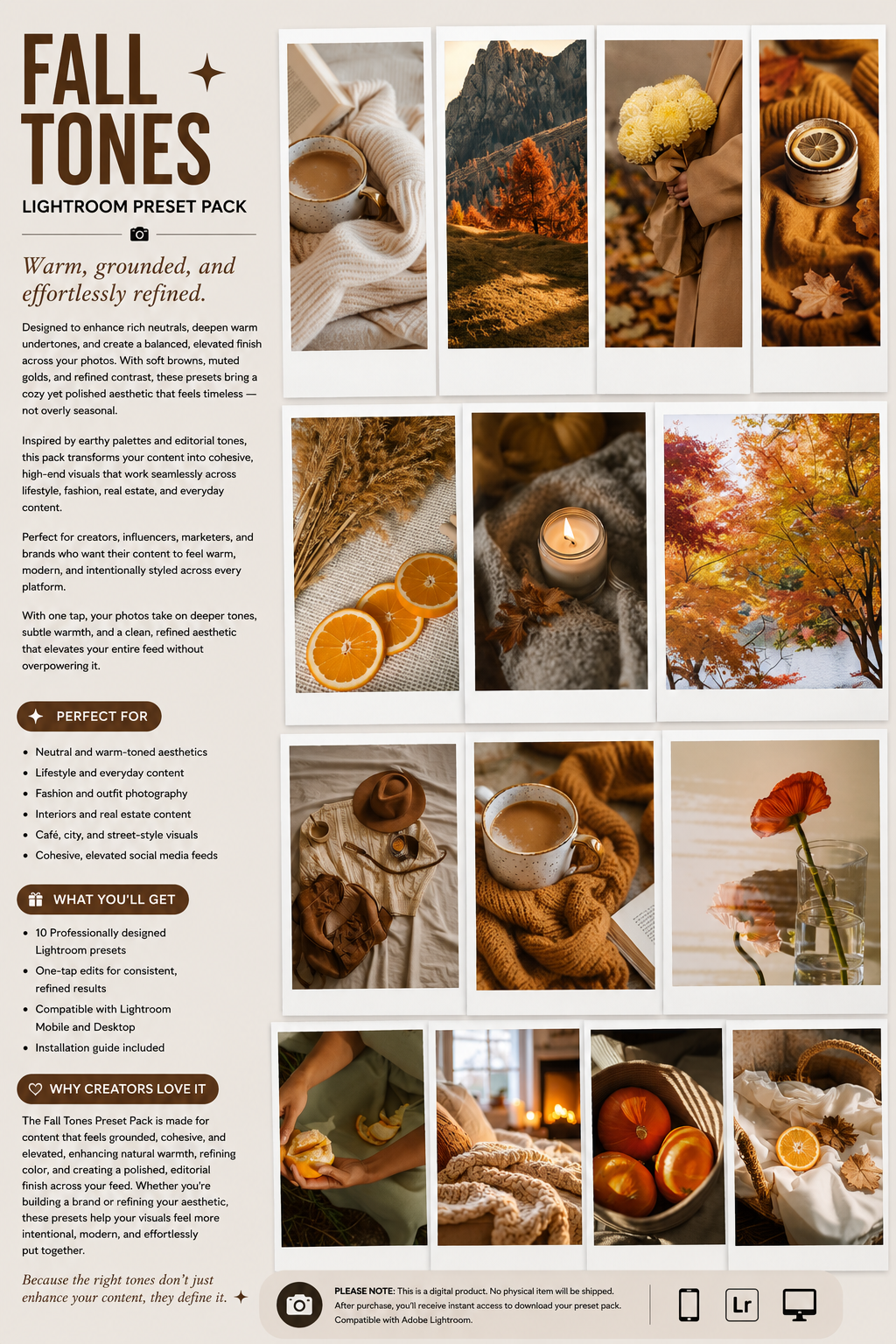 Lightroom Preset Pack Photography Sorority Rush Edits Filters Instagram Tiktok Social Media Luxury aesthetic high quality resolution 4K content campus university recruitment rush big little panhellenic greek fall pumpkin spice friday night lights orange burnt yellow gold mountains hike scenery cozy apartment sunset 