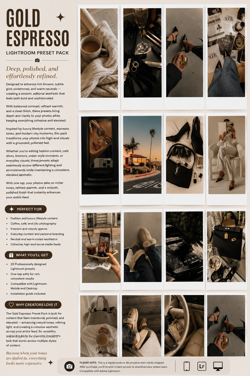 Lightroom Preset Pack Photography Sorority Rush Edits Filters Instagram Tiktok Social Media Luxury aesthetic high quality resolution 4K content campus university recruitment rush big little panhellenic greek golden espresso coffee adventure sunset golden hour hermes dior college designer glossy baddie babe hot it girl 