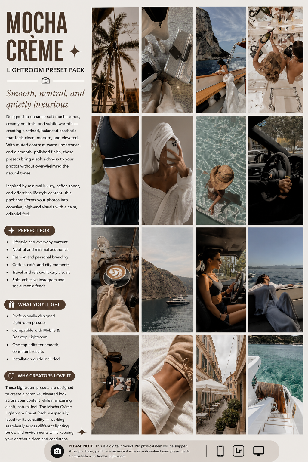 Mocha Crème Lightroom Preset Pack Photography Sorority Rush Edits Filters Instagram Tiktok Social Media Luxury aesthetic high quality resolution 4K content campus university recruitment rush big little panhellenic greek sisterhood summer italy european neutral natural kylie kendall jenner kardashian filter rich travel vacation body slim