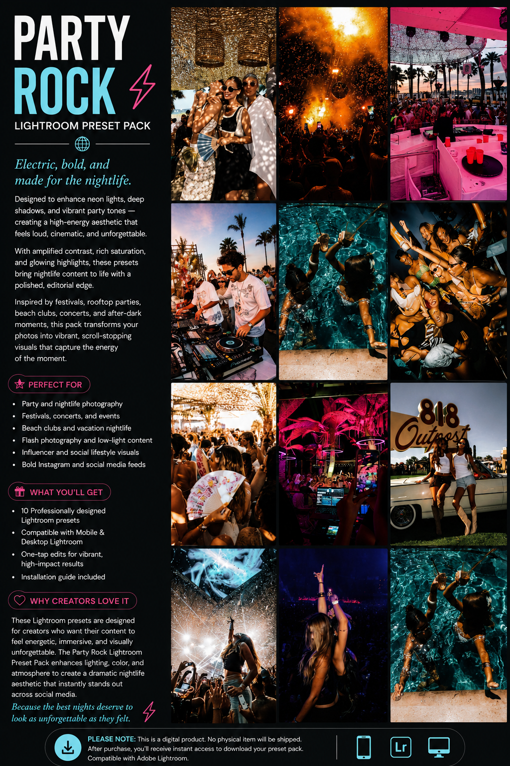 Lightroom Preset Pack Photography Sorority Rush Edits Filters Instagram Tiktok Social Media Luxury aesthetic high quality resolution 4K content campus university recruitment rush big little panhellenic greek sisterhood party concert new years holiday fourth of july girls trip EDM lollapalooza rolling loud tailgate after party rock celebrate holiday EDC