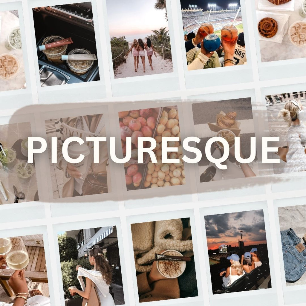 Picturesque Lightroom Preset Pack Photography Sorority Rush Edits Filters Instagram Tiktok Social Media Luxury aesthetic high quality resolution 4K content campus university recruitment rush big little panhellenic greek sisterhood clean natural silky bright kylie kendall jenner kardashian edit app beige sand contrast beach winter fall fresh social media instagram tiktok food content creation
