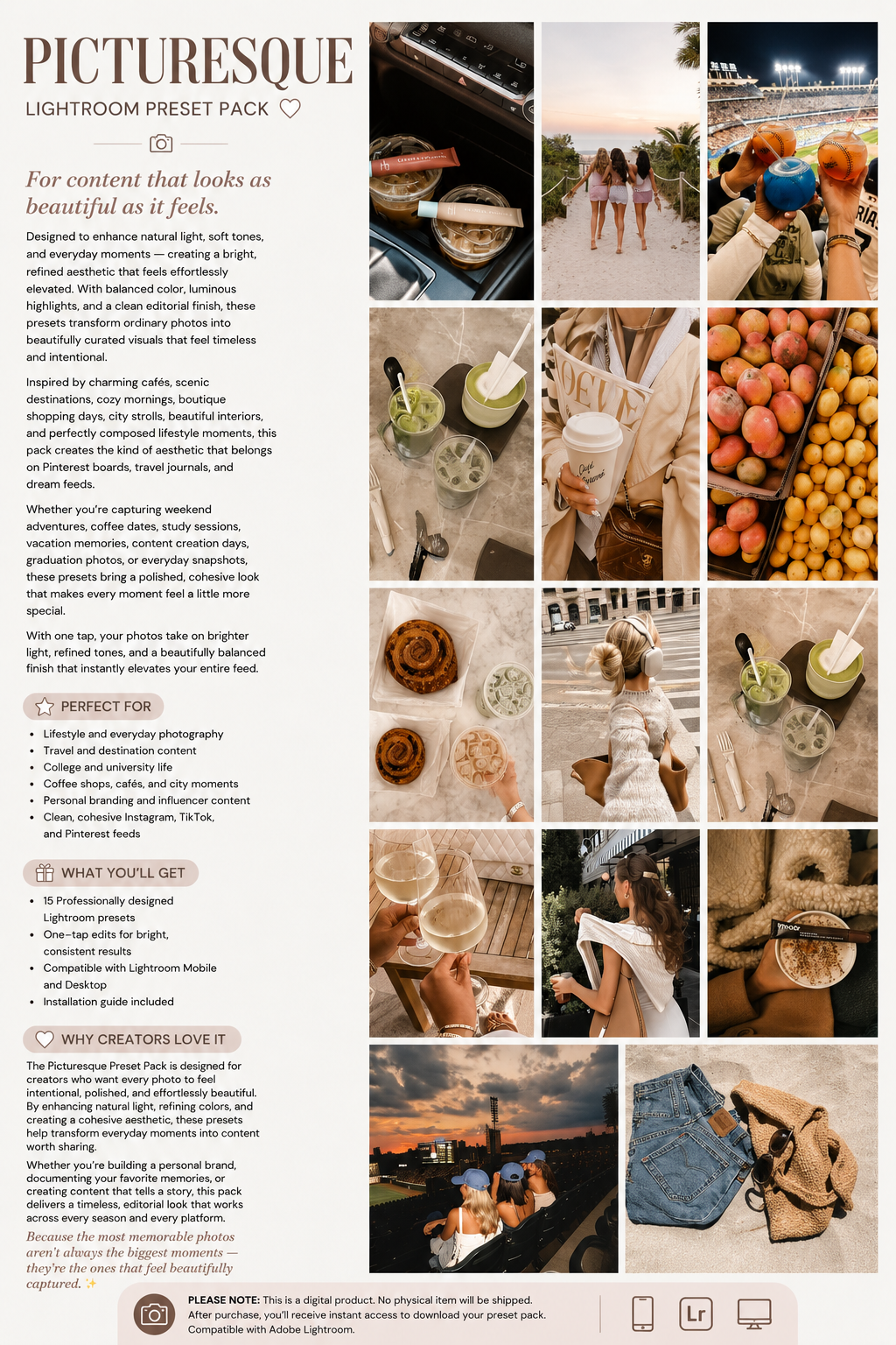 Picturesque Lightroom Preset Pack Photography Sorority Rush Edits Filters Instagram Tiktok Social Media Luxury aesthetic high quality resolution 4K content campus university recruitment rush big little panhellenic greek sisterhood clean natural silky bright kylie kendall jenner kardashian edit app beige sand contrast beach winter fall fresh social media instagram tiktok food content creation