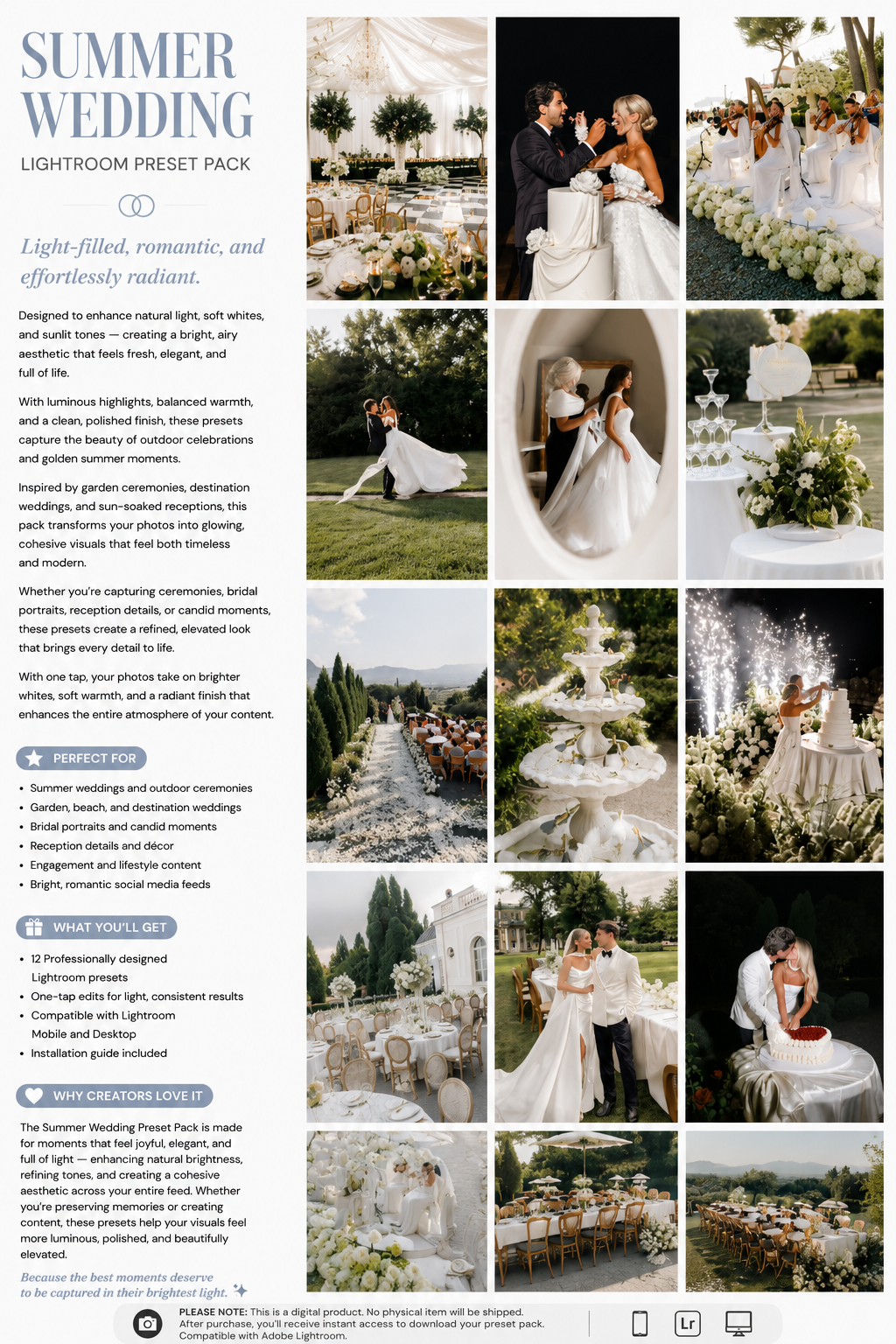 Summer Wedding Lightroom Preset Pack Photography Sorority Rush Edits Filters Instagram Tiktok Social Media Luxury aesthetic high quality resolution 4K content campus university recruitment rush big little panhellenic greek sisterhood content creation love bridal husband engagement ring photos photography vintage dream natural clean beautiful outdoor ceremonies destination garden beach reception lifestyle romantic